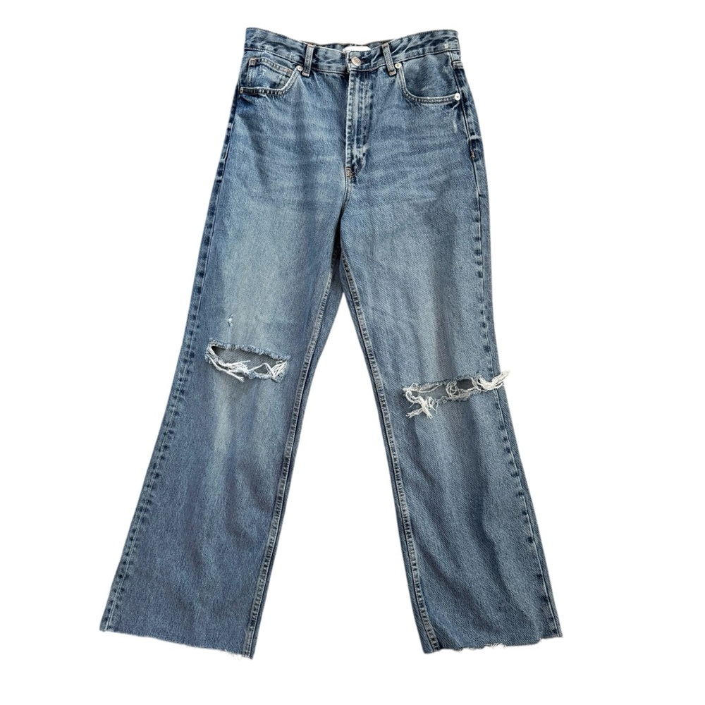 Zara Women’s 8 High Rise Wide Leg Jeans Denim Ripped Knee Raw Hem Light Wash
